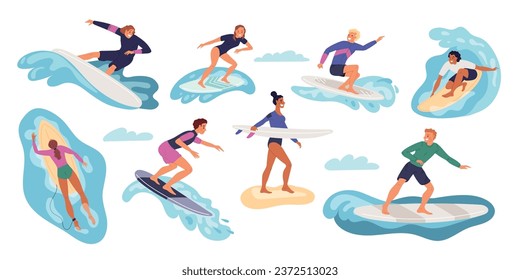 Happy surfers characters. Cartoon people catch and dissect sea waves on boards. Extreme beach sport. Guys and girls at surfboards. Summer vacation. Swimming athletes