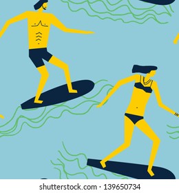 happy surfers gliding over the waves vector seamless pattern
