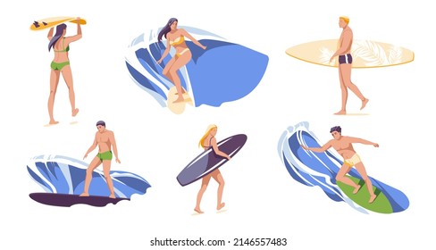 Happy surfers with surfboards set. Cartoon people surfing and walking with boards isolated flat vector illustration collection. Sport activity and holiday concept