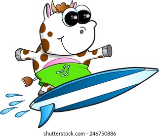 Happy Surfing Cow Vector Illustration Art