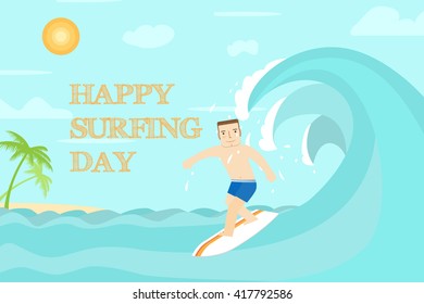 Happy surfing day flat design. The man surfing on the ocean. For web design and application interface, also useful for infographics. Vector illustration. 