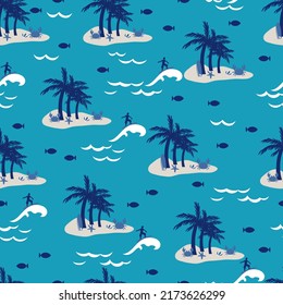 Happy Surfing and Small Summer Island Vector Graphic Seamless Pattern can be use for background and apparel design