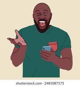 Happy surprise African American making a hand gesture with his cell phone putting on green shirt