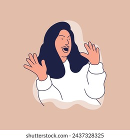 Happy surprised excited young woman casually with hands raised. Vector hand drawn illustration in flat style.