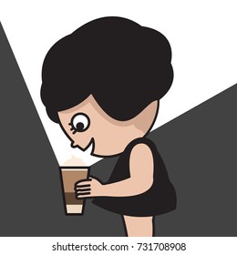 Happy Surprised Girl Looking At Her Cup Of Coffee And Rays Of Light Concept Card Character illustration
