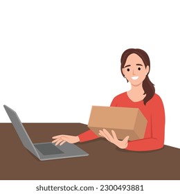 Chica feliz y sorprendida abriendo un regalo frente a la laptop. Ilustración vectorial plana aislada en fondo blanco