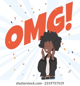 Happy surprised woman with confetti flat style, vector illustration. Happy emotional character, decorative design element, wonder gesture, omg text. Positive emotions and celebration