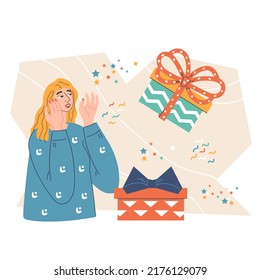 Happy surprised woman getting gift in box. Birthday present, customer loyalty program benefits and bonus concept for web and print, flat vector illustration isolated on white background.