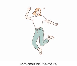 Happy surprised woman in jeans jumping isolated. 
Hand drawn style vector design illustrations.