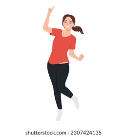 Happy surprised woman in jeans jumping. Flat vector illustration isolated on white background