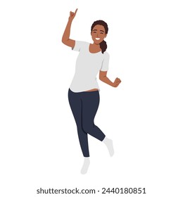 Happy surprised woman in jeans jumping in the air. Flat vector illustration isolated on white background