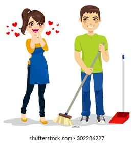 Happy Surprised Woman Loves Boyfriend Cleaning Floor With Sweeper