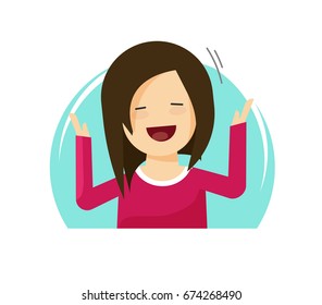 Happy surprised woman vector illustration, flat cartoon excited cheerful person with smile on face and hands up, happiness emotion 