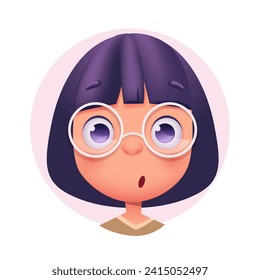 Happy surprised young girl character in glasses. Avatar character illustration.