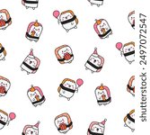 Happy sushi characters in different poses. Seamless pattern. Funny cartoon food. Hand drawn style. Vector drawing. Design ornaments.