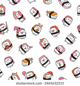 Happy sushi characters in different poses. Seamless pattern. Funny cartoon food. Hand drawn style. Vector drawing. Design ornaments.
