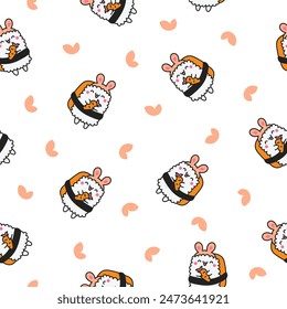 Happy sushi characters in different poses. Seamless pattern. Funny cartoon food. Hand drawn style. Vector drawing. Design ornaments.
