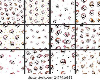 Happy sushi characters in different poses. Seamless pattern. Funny cartoon food. Hand drawn style. Vector drawing. Collection of design ornaments.