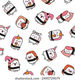 Happy sushi characters in different poses. Seamless pattern. Funny cartoon food. Hand drawn style. Vector drawing. Design ornaments.