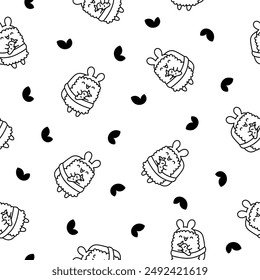Happy sushi characters in different poses. Seamless pattern. Coloring Page. Funny cartoon food. Hand drawn style. Vector drawing. Design ornaments.