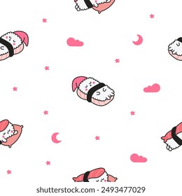 Happy sushi characters in different poses. Seamless pattern. Funny cartoon food. Hand drawn style. Vector drawing. Design ornaments.