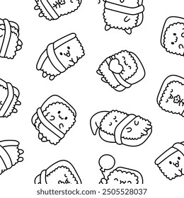 Happy sushi characters in different poses. Seamless pattern. Coloring Page. Funny cartoon food. Hand drawn style. Vector drawing. Design ornaments.