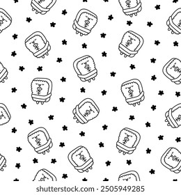 Happy sushi characters in different poses. Seamless pattern. Coloring Page. Funny cartoon food. Hand drawn style. Vector drawing. Design ornaments.