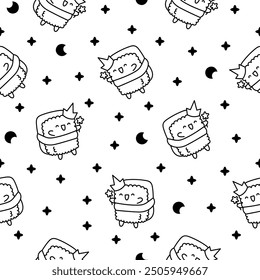 Happy sushi characters in different poses. Seamless pattern. Coloring Page. Funny cartoon food. Hand drawn style. Vector drawing. Design ornaments.
