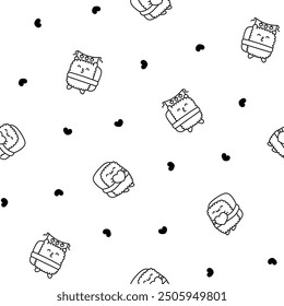 Happy sushi characters in different poses. Seamless pattern. Coloring Page. Funny cartoon food. Hand drawn style. Vector drawing. Design ornaments.