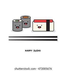 Happy Sushi! (Line Art in Flat Style Vector Illustration Quote Poster Design) With Smiley Face
