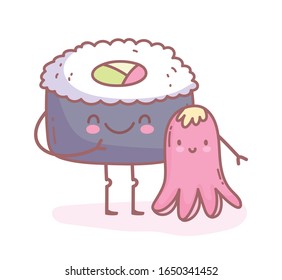 happy sushi and octopus cartoon food cute vector illustration