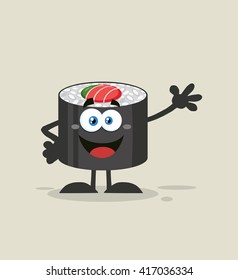 Happy Sushi Roll Cartoon Mascot Character Waving. Vector Illustration Flat Style With Background