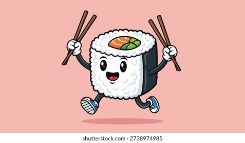 A happy sushi roll character with arms and legs running with chopsticks, cartoon style.