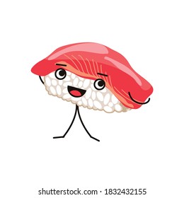 Happy sushi with smiling face. Sashimi emoji character with funny face expression, arms and legs. Traditional Asian cuisine food, Kawaii style cartoon vector illustration isolated on white background