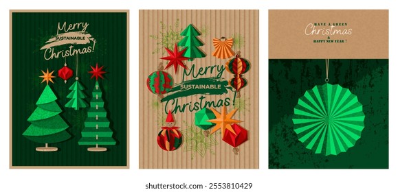 Happy, sustainable Christmas. A set of festive posters with paper Christmas tree ornaments.