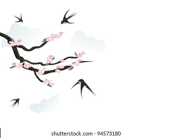 Happy swallows singing the spring, flying around floral branch,on white background. Happy swallows.