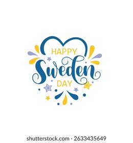 Happy Sweden day handwritten text in blue and yellow colors. Modern calligraphy, hand lettering typography. National holiday of Sweden on June 3. Vector illustration for greeting card, poster
