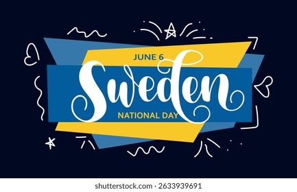 Happy Sweden national day handwritten text in blue and yellow colors. Modern calligraphy, hand lettering typography. National holiday of Sweden on June 6. Vector illustration for greeting card, poster