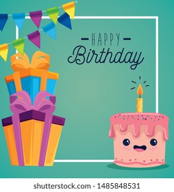 happy sweet cake with candle and presents gifts