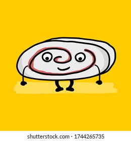 Happy sweet creamy roulade slice character with smile on face. Swiss roll drawing isolated on yellow background. Hand drawn vector illustration of a dessert mascot.