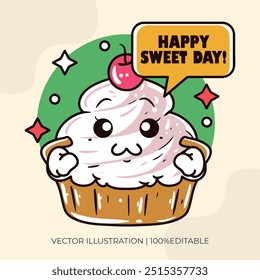 Happy sweet day theme with muffin kawaii character vector illustration