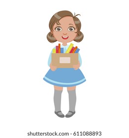 Happy sweet little schoolgirl carrying box with pens and pencils, a colorful character isolated on a white background
