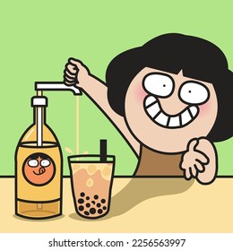 Happy Sweet Lover Girl Pumping Sugar Syrup From Bottle Into Her Cup Of Bubble Milk Tea Concept Card Character illustration