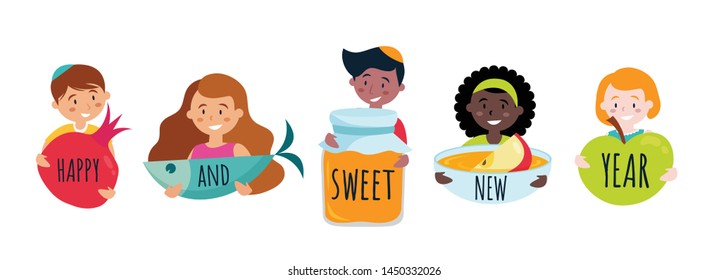 happy and sweet new jewish year banner with rosh hashana symbols. Vector