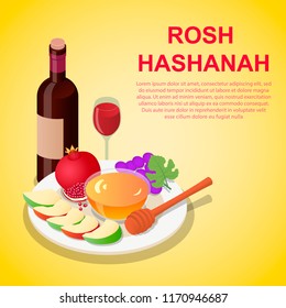 Happy sweet rosh hashanah concept background. Isometric of happy sweet rosh hashanah vector concept background for web design