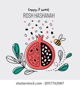 Happy and sweet rosh hashanah greeting card. Concept of jewish traditional celebration of new year with colorful postcards. Cute icons with pomegranate. Flat cartoon vector illustration