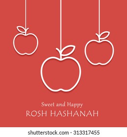 Happy and sweet Rosh Hashanah holiday card with hanging apples. Vector illustration.