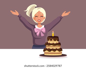 
Happy Sweet Sixteen Girl Celebrating Birthday Vector Cartoon Illustration. teenager enjoying her anniversary partying with baked cake 
