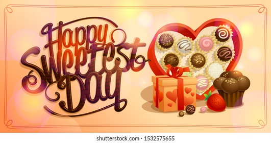 Happy sweetest day banner with box of chocolates, vector design concept