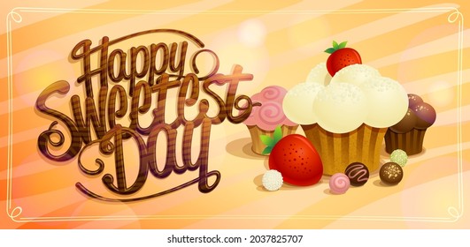 Happy sweetest day vector web banner mockup with sweets, berries and pastries